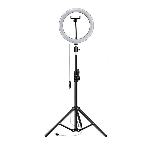 Aro de luz LED RGB multicolor de 26 cm, trípode de 2.10 m, tonos cálidos y fríos, negro